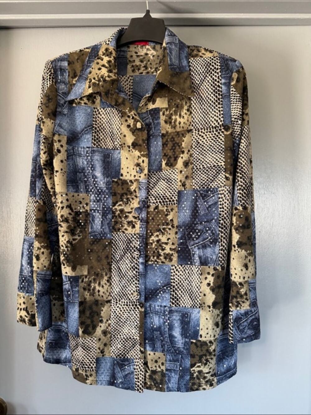 Carina Vintage 80s Patchwork Button Top Sequins Long Sleeves Shoulder Pads sz M